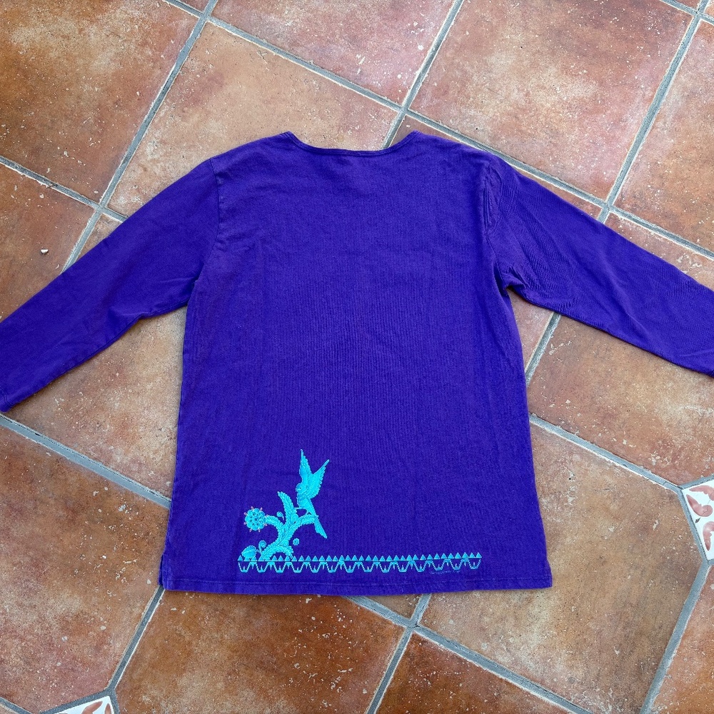 SABAKU Artwear T-Shirt Purple Bird Huipil 3/4 Sleeve Top Size S - Picture 2 of 6